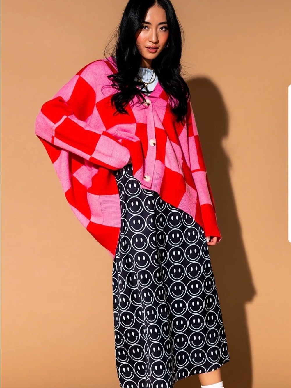Dressed in LALA Pink and Red Checker Knit Cardigan